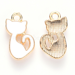 Alloy Enamel Charms, Cat Shape, Light Gold, White, 15x8x1.5mm, Hole: 1.6mm(ENAM-S121-032A)