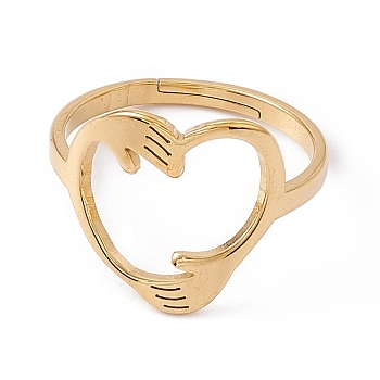 Ion Plating(IP) 201 Stainless Steel Hand Hug Heart Adjustable Ring for Women, Real 18K Gold Plated, US Size 6(16.5mm)