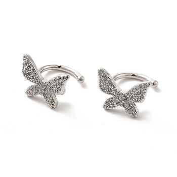 Brass Micro Pave Cubic Zirconia Cuff Earrings, Butterfly Non Piercing Earrings, Platinum, 6x8.5mm
