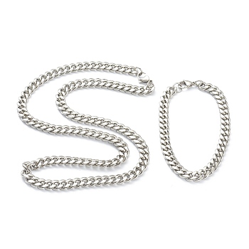 304 Stainless Steel Cuban Link Chain Bracelets & Necklaces Jewelry Sets, with Lobster Claw Clasps, Stainless Steel Color, 23.62 inch(60cm), 9-1/8 inch(23cm), Link: 10x8x3mm