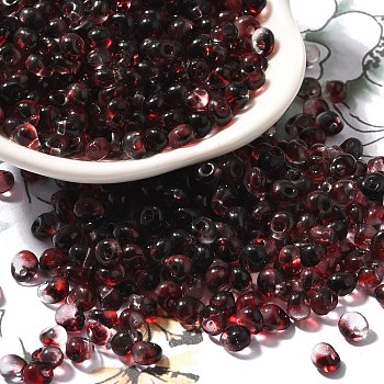 Transparent Baking Paint Glass Seed Beads, Two Tone, Fringe Teardrop Beads, Dark Red, 5.5x4.5x3.5mm, Hole: 1.2mm, about 2812pcs/pound