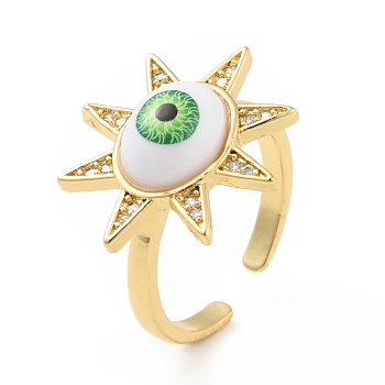 Cubic Zirconia Sun with Evil Eye Open Cuff Ring with Acrylic, Real 18K Gold Plated Brass Jewelry for Women, Cadmium Free & Lead Free, Lawn Green, US Size 6 1/4(16.7mm)
