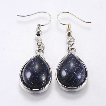 Synthetic Blue Goldstone Dangle Earrings, with Brass Earring Hooks, teardrop, Platinum, 48mm, Pin: 0.5mm