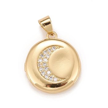 Brass Micro Pave Cubic Zirconia Locket Pendants, Photo Frame Charms for Necklaces, Real 18K Gold Plated, Lead Free & Cadmium Free, Flat Round with Moon, Clear, 18.5x16x4.5mm, Hole: 4mm, Inner Diameter: 11mm