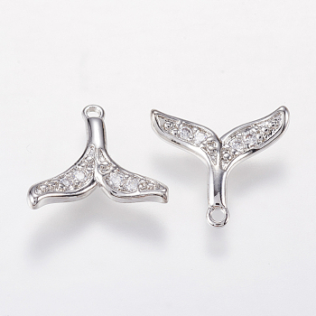 Brass Micro Pave Cubic Zirconia Charms, Whale Tail Shape Pendants, Platinum, 13x14x2mm, Hole: 0.5mm