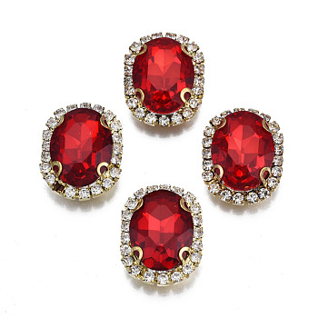Sew on Rhinestone, Transparent Glass Rhinestone, with Brass Prong Settings, Faceted, Oval, Crimson, 22x17x7mm, Hole: 0.9mm
