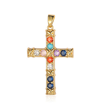 Brass Micro Pave Colorful Cubic Zirconia Pendants, Cross Charms, Real 18K Gold Plated, 32x21x3.8mm