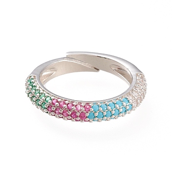 Adjustable Brass Micro Pave Cubic Zirconia Cuff Rings, Open Rings, Long-Lasting Plated, Platinum, Colorful, Size 5, 16mm