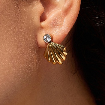 304 Stainless Steel Pave Cubic Zirconia Stud Earrings for Women, Shell Shape, Golden, 24x17mm