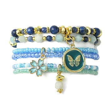 4Pcs 4 Style Natural Mixed Gemstone & Seed Beaded Stretch Bracelets Set, Flower & Butterfly Alloy Enamel Charms Stackable Bracelets for Women, Blue, Inner Diameter: 2-1/8 inch(5.4cm), 1Pc/style