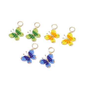 3 Pairs 3 Color Glass Braided Butterfly Dangle Leverback Earrings, Gold Plated Brass Wire Wrap Jewelry for Women, Mixed Color, 42mm, Pin: 0.9mm, 1 Pair/color