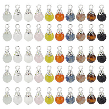 100Pcs 10 Styles Natural Mixed Gemstone Pendants, Round Charms with Silver Color Plated Iron Flower Caps, 16x8mm, Hole: 2mm, 10pcs/style