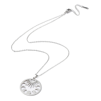 201 Stainless Steel Sun with Moon Phase Pendant Necklace with Cable Chains, Stainless Steel Color, 17.72 inch(45cm)