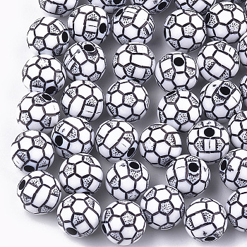 Pandahall 100Pcs Craft Style Acrylic Beads, FootBall/Soccer Ball, White, 10x9.5mm, Hole: 2mm
