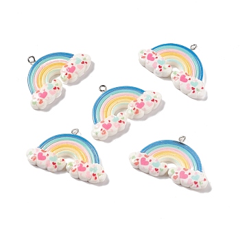Opaque Resin Pendants, with Platinum Tone Iron Loops, Rainbow with Cloud, Colorful, 25.5x41x5mm, Hole: 2mm