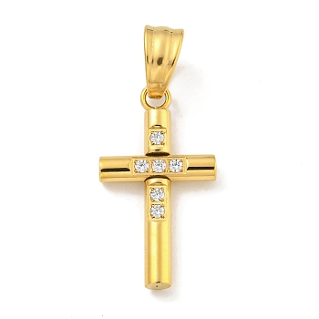 Ion Plating(IP) 304 Stainless Steel Cubic Zirconia Pendants, Cross Charm, Golden, 23.5x13x3mm, Hole: 7x5mm