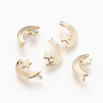 Brass Charms, Moon & Star, Nickel Free, Real 18K Gold Plated, 13x7x1mm, Hole: 1mm