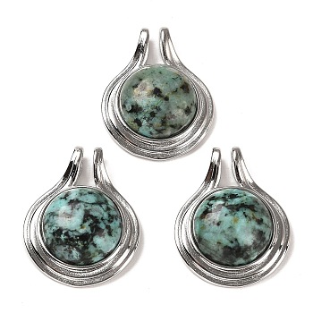 Natural African Turquoise(Jasper) Pendants, Flat Round Charms with Rack Plating Platinum Tone Brass Findings, Cadmium Free & Lead Free, 28x22x8mm, Hole: 2x4mm