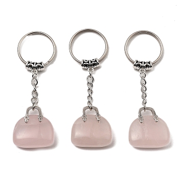 Natural Rose Quartz Bag Pendant Keychain, with Platinum Tone Brass Findings, for Bag Jewelry Gift Decoration, 7.4cm