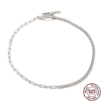 Rhodium Plated 925 Sterling Silver Curb Chain & Paperclip Chain Anklets, with Cubic Zirconia Toggle Clasp, Women's Jewelry for Summer Beach, Real Platinum Plated, 9-1/4 inch(23.5cm), chain: 2.5~2.6x3.7~5.3mm, clasp: 16x4x1.35mm, ring: 14x5.7x1.6mm.