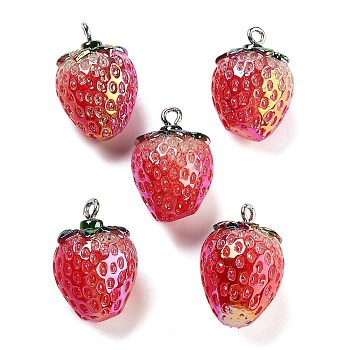 AB Color Resin Pendants, Fruit Charms with Platinum Plated Iron Loops, Strawberry, 23~25x16~16.5x16.5mm, Hole: 2mm
