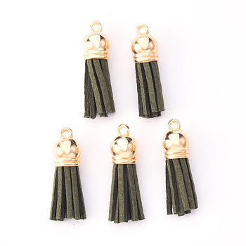 Faux Suede Tassel Pendant Decorations, with CCB Plastic Cord Ends, Light Gold, Dark Olive Green, 33~35x10mm, Hole: 2.5mm
