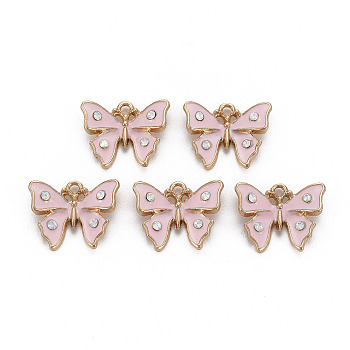 Alloy Enamel Pendants, with Crystal Rhinestone, Light Gold, Cadmium Free & Nickel Free & Lead Free, Butterfly, Pink, 15x19x4mm, Hole: 1.4mm