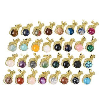 Gemstone Ball with Leopard Shape Brass Pendants, Rack Plating, Cadmium Free & Lead Free, Long-Lasting Plated, Mixed Dyed and Undyed, 35x22x6.5mm, Hole: 7x3.5mm