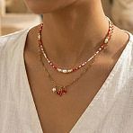 Brass Enamel Red Heart Pendant Double Layer Necklaces, 304 Stainless Steel Paperclip Chain and Fux Pearl & Glass Beaded Necklaces, Golden, 15.75 inch(40cm)(XJ8967-3)