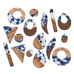 Walnut Wood & Transparent Resin Pendants, Mixed Shapes Charm, Blue, 17.5~51.5x7.5~38x3~3.5mm, Hole: 2mm, about 16pcs/set(WD-CBA583A-02)