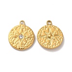 Ion Plating(IP) 304 Stainless Steel Pendants, Hand Polished with Crystal Rhinestone, Flat Round with Star Charms, Golden, 21.5x18x3mm, Hole: 2mm(STAS-Q001-23G)
