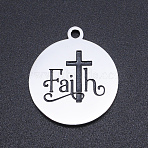 Non-Tarnish 201 Stainless Steel Etched Charms, Inspirational Message Charms, Flat Round with Word Faith, Cross, Stainless Steel Color, 22x19x1.5mm, Hole: 1.8mm(STAS-N090-JN806)