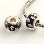 Large Hole Dog Paw Prints Pattern Resin European Beads, with Platinum Plated Brass Double Cores, Rondelle, Pink, 14x9mm, Hole: 5mm(OPDL-Q128-12I)