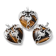 Natural Tiger Eye Heart Pendant Rhinestone Settings, Rack Plating Platinum Plated Brass Wings Charms, Long-Lasting Plated, Fit for 3mm Rhinestone, 37x33x10~11.5mm, Hole: 8x5mm(G-K339-01P-03)