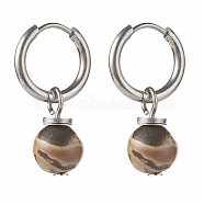 Natural Plum Blossom Jade Beads Earrings for Girl Women Gift, 202 Stainless Steel Huggie Hoop Earrings, 25.5mm, Pin: 1mm(EJEW-JE04607-01)