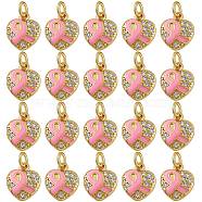 20Pcs Brass Micro Pave Clear Cubic Zirconia Charms, with Jump Rings, Real 18K Gold Plated, Heart with Awareness Ribbon, Pearl Pink, 11.5x10x2.5mm, Hole: 3.5mm(KK-SZ0004-72)