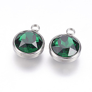 K9 Glass Rhinestone Pendants, May Birthstone Charms, with 304 Stainless Steel Findings, Flat Round, Green, 18x14x9mm, Hole: 2.5mm(STAS-F123-26E)