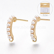 Brass Stud Earring Findings, with Loop and ABS Plastic Imitation Pearl, Nickel Free, Real 18K Gold Plated, 17~18x13~14mm, Hole: 1mm, Pin: 0.8mm(X-KK-T038-485G)