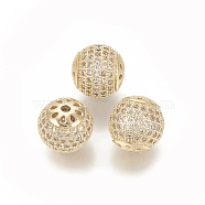 Brass Micro Pave Cubic Zirconia Beads, Round, Clear, Golden, 10mm, Hole: 1mm(KK-T029-129G)