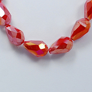 Electroplate Glass Beads Strands, Imitation Jade Beads, Faceted, Teardrop, Red, 11x8mm, Hole: 1mm, 60pcs/strand, 28 inch(X-EGLA-R007-11x8mm-2)
