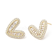 Heart Brass Micro Pave Cubic Zirconia Stud Earrings for Valentine's Day, Real 18K Gold Plated, 16.5x19mm(EJEW-F316-17G)