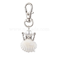 Angel Spiral Shell Pendant Decooration, Glass Pearl Round Bead & Alloy Swivel Lobster Claw Clasps Charms for Bag Ornaments, Butterfly, 61.5mm(HJEW-JM01964-03)