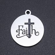 201 Stainless Steel Etched Charms, Inspirational Message Charms, Flat Round with Word Faith, Cross, Stainless Steel Color, 22x19x1.5mm, Hole: 1.8mm(STAS-N090-JN806)