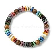 Dyed Natural Lava Rock Disc & Wood Beaded Stretch Bracelet, Colorful, Inner Diameter: 2 inch(5cm)(BJEW-JB09799)