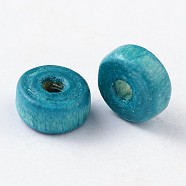 Natural Maple Wood Beads, Lead Free, Flat Round, Dyed, Dark Turquoise, 6x3mm, Hole: 2mm, about 900pcs/50g(X-WOOD-S610-8-LF)