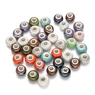 Handmade Porcelain European Beads, with Silver Color Brass Double Cores, Rondelle, Mixed Color, 15x10~11mm, Hole: 5mm(OPDL-G001-M)