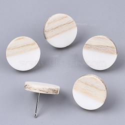 Resin & Wood Stud Earrings, with 304 Stainless Steel Pin, Flat Round, Creamy White, 15mm, Pin: 0.7mm(EJEW-N017-003A-C05)