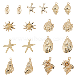 18Pcs 9 Styles Ocean Series Alloy Pendants, Golden, Mixed Shapes, 17~31.5x8.5~22.5x2~12.5mm, Hole: 1.3~2.5mm, 2pcs/style(FIND-UN0007-28)