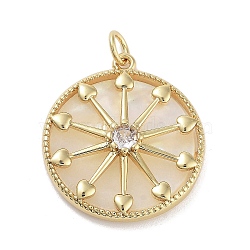 Rack Plating Brass Clear Cubic Zirconia Pendants, with Shell, Long-Lasting Plated, Cadmium Free & Lead Free, with Jump Ring, Flat Round with Heart, Real 18K Gold Plated, 24x22x4mm, Hole: 3mm(KK-M293-41G)