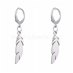 304 Stainless Steel Leverback Earrings, with 201 Stainless Steel Pendants, Feather, Stainless Steel Color, 40mm, Pin: 0.6x0.8mm(EJEW-JE04185-02)